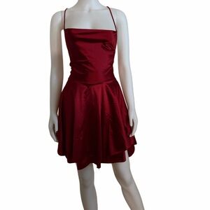 Elegant Red Faux Satin Spaghetti Strap Mini Dress
